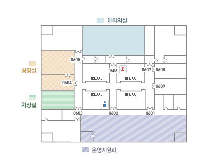 1동 6F 배치도. 대회의실, 청장실, 차장실, 운영지원과